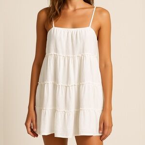 Sol & Luna White Tiered Linen Viscose Mini Dress Adjustable Straps Size S/M